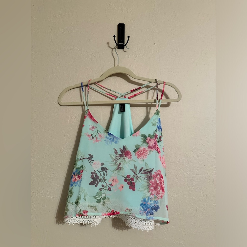 Floral double spaghetti strap tank top with lace fringe